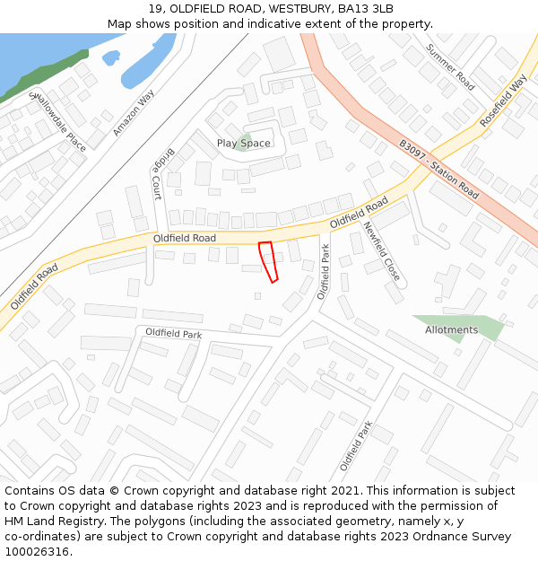 19, OLDFIELD ROAD, WESTBURY, BA13 3LB: Location map and indicative extent of plot