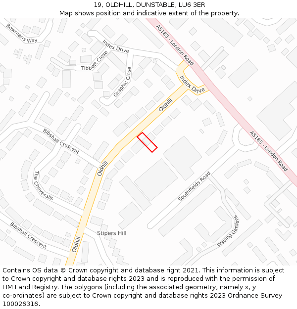 19, OLDHILL, DUNSTABLE, LU6 3ER: Location map and indicative extent of plot