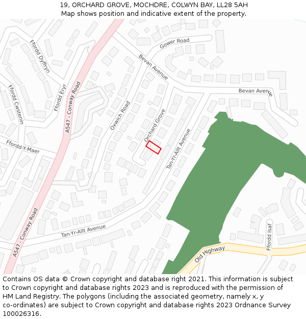 19, ORCHARD GROVE, MOCHDRE, COLWYN BAY, LL28 5AH: Location map and indicative extent of plot