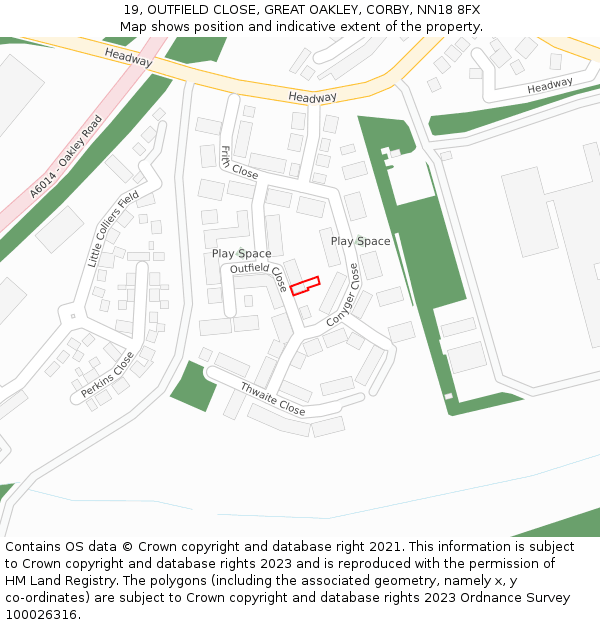 19, OUTFIELD CLOSE, GREAT OAKLEY, CORBY, NN18 8FX: Location map and indicative extent of plot