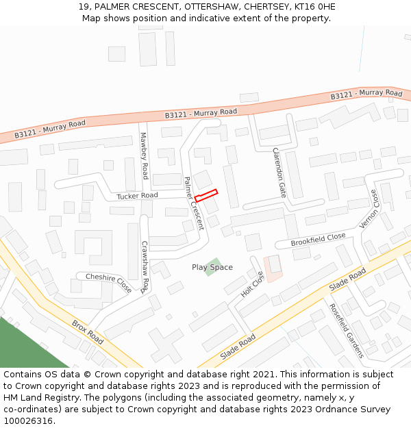 19, PALMER CRESCENT, OTTERSHAW, CHERTSEY, KT16 0HE: Location map and indicative extent of plot