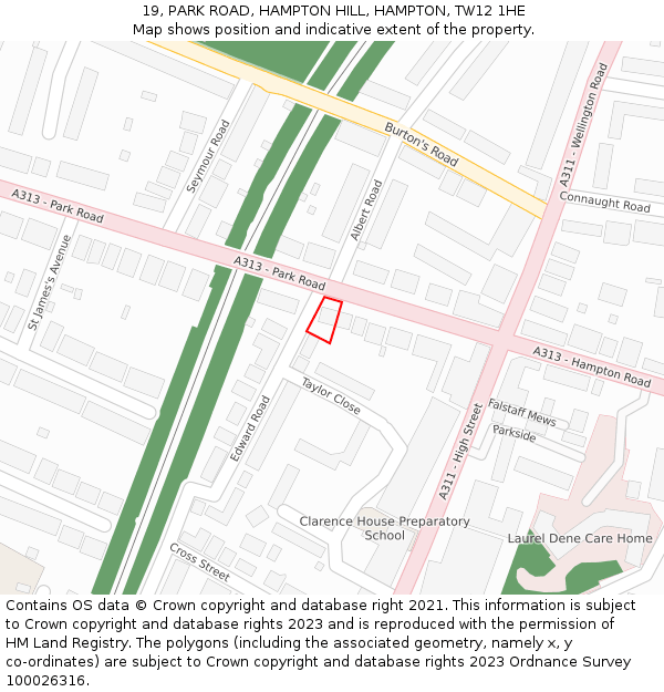 19, PARK ROAD, HAMPTON HILL, HAMPTON, TW12 1HE: Location map and indicative extent of plot