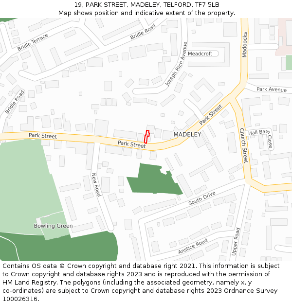 19, PARK STREET, MADELEY, TELFORD, TF7 5LB: Location map and indicative extent of plot