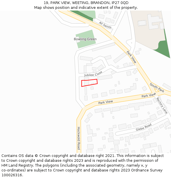 19, PARK VIEW, WEETING, BRANDON, IP27 0QD: Location map and indicative extent of plot