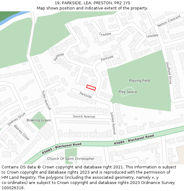 19, PARKSIDE, LEA, PRESTON, PR2 1YS: Location map and indicative extent of plot