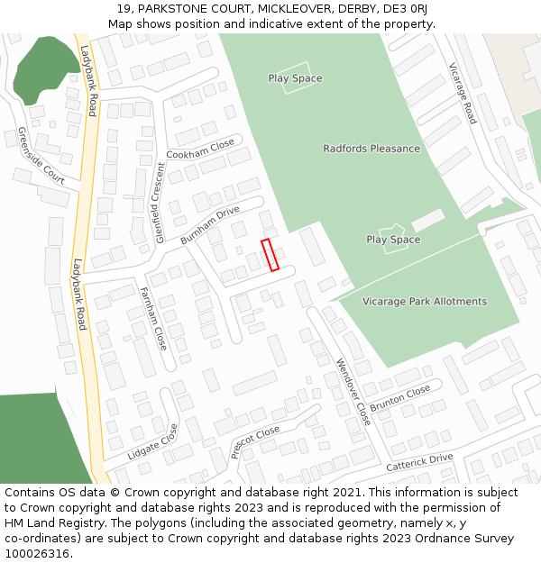 19, PARKSTONE COURT, MICKLEOVER, DERBY, DE3 0RJ: Location map and indicative extent of plot