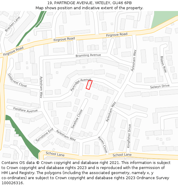 19, PARTRIDGE AVENUE, YATELEY, GU46 6PB: Location map and indicative extent of plot