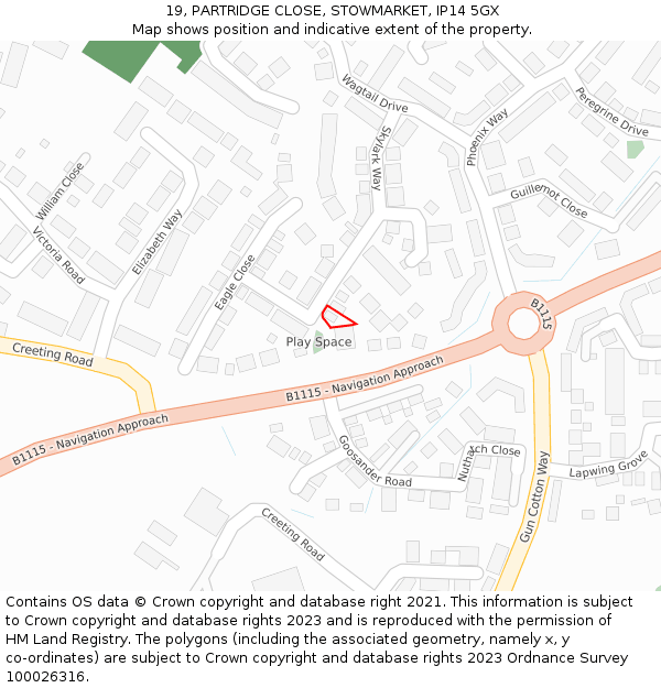 19, PARTRIDGE CLOSE, STOWMARKET, IP14 5GX: Location map and indicative extent of plot