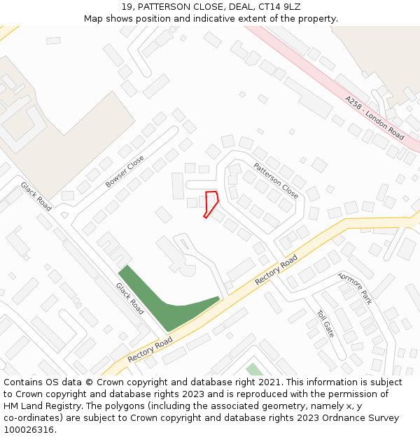 19, PATTERSON CLOSE, DEAL, CT14 9LZ: Location map and indicative extent of plot