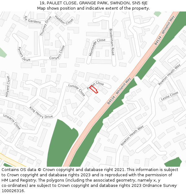 19, PAULET CLOSE, GRANGE PARK, SWINDON, SN5 6JE: Location map and indicative extent of plot