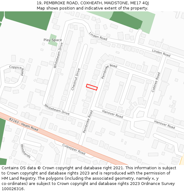 19, PEMBROKE ROAD, COXHEATH, MAIDSTONE, ME17 4QJ: Location map and indicative extent of plot