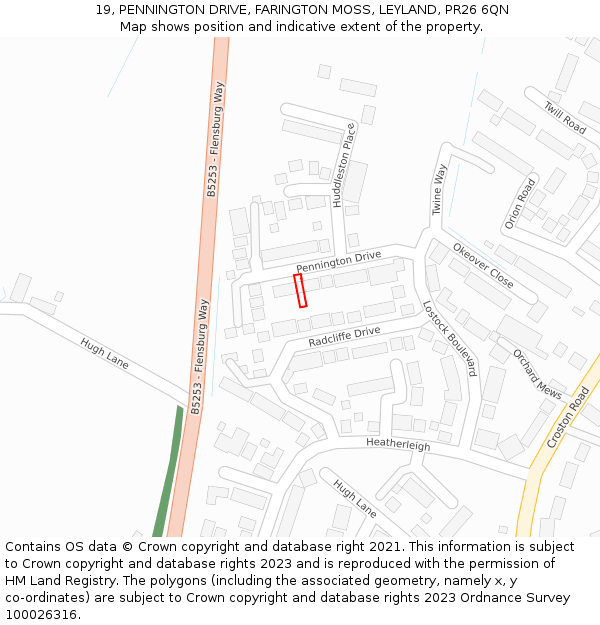 19, PENNINGTON DRIVE, FARINGTON MOSS, LEYLAND, PR26 6QN: Location map and indicative extent of plot