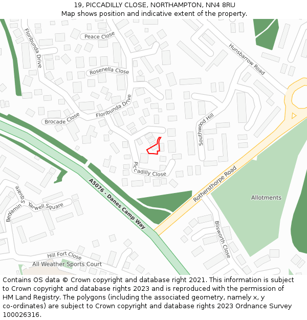 19, PICCADILLY CLOSE, NORTHAMPTON, NN4 8RU: Location map and indicative extent of plot