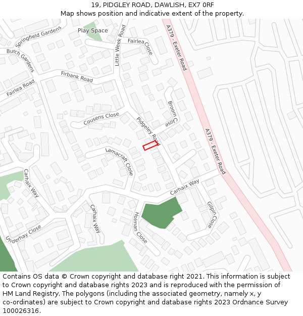 19, PIDGLEY ROAD, DAWLISH, EX7 0RF: Location map and indicative extent of plot