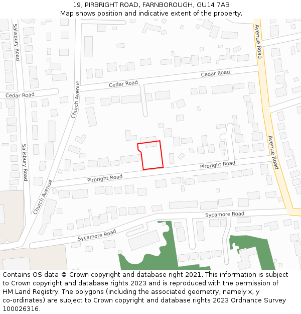 19, PIRBRIGHT ROAD, FARNBOROUGH, GU14 7AB: Location map and indicative extent of plot