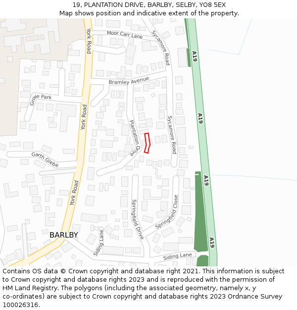 19, PLANTATION DRIVE, BARLBY, SELBY, YO8 5EX: Location map and indicative extent of plot