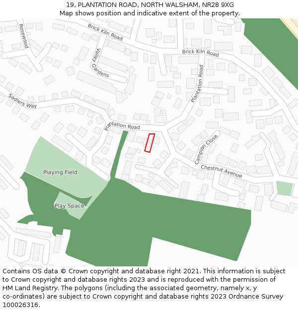 19, PLANTATION ROAD, NORTH WALSHAM, NR28 9XG: Location map and indicative extent of plot