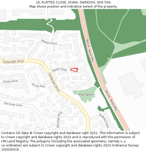 19, PLATTES CLOSE, SHAW, SWINDON, SN5 5SA: Location map and indicative extent of plot