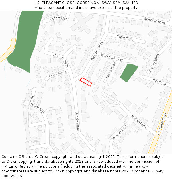 19, PLEASANT CLOSE, GORSEINON, SWANSEA, SA4 4FD: Location map and indicative extent of plot