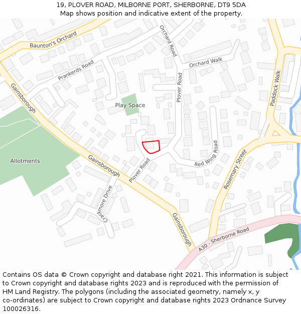 19, PLOVER ROAD, MILBORNE PORT, SHERBORNE, DT9 5DA: Location map and indicative extent of plot