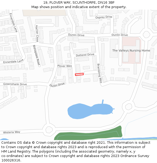 19, PLOVER WAY, SCUNTHORPE, DN16 3BF: Location map and indicative extent of plot