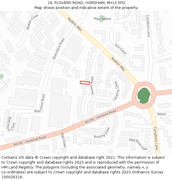 19, PLOVERS ROAD, HORSHAM, RH13 5PD: Location map and indicative extent of plot