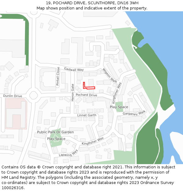 19, POCHARD DRIVE, SCUNTHORPE, DN16 3WH: Location map and indicative extent of plot