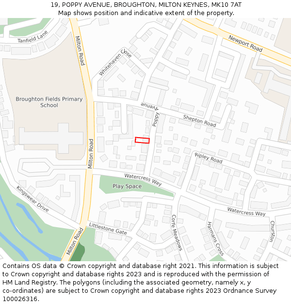 19, POPPY AVENUE, BROUGHTON, MILTON KEYNES, MK10 7AT: Location map and indicative extent of plot