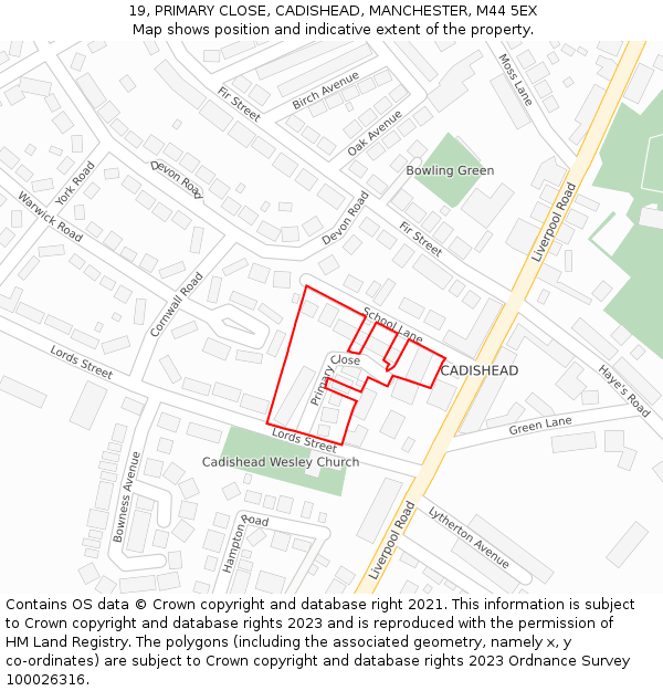 19, PRIMARY CLOSE, CADISHEAD, MANCHESTER, M44 5EX: Location map and indicative extent of plot