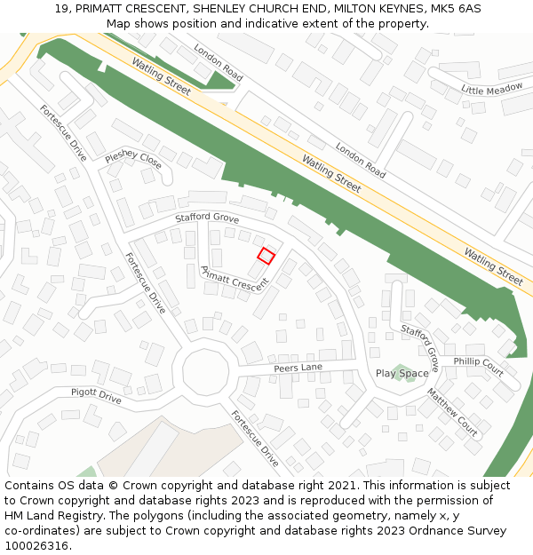 19, PRIMATT CRESCENT, SHENLEY CHURCH END, MILTON KEYNES, MK5 6AS: Location map and indicative extent of plot