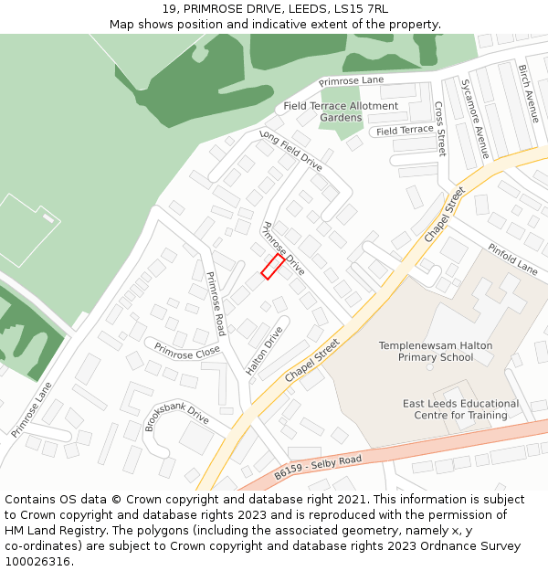 19, PRIMROSE DRIVE, LEEDS, LS15 7RL: Location map and indicative extent of plot