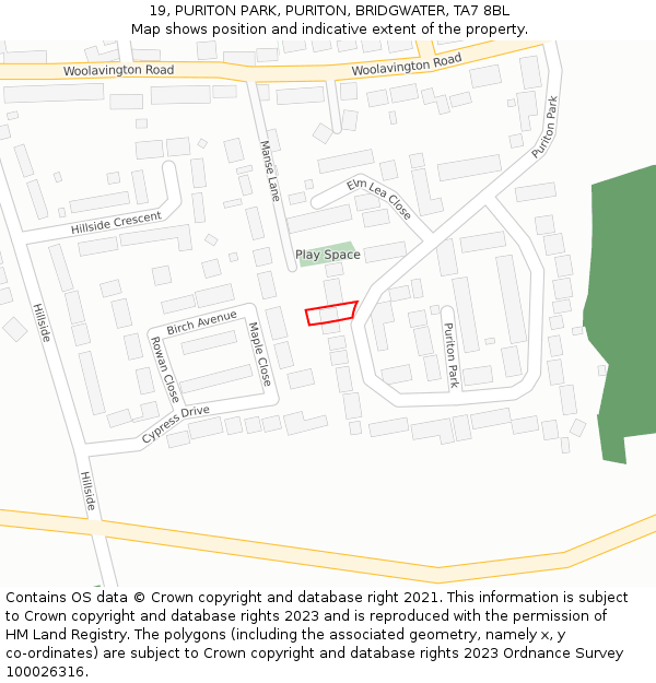 19, PURITON PARK, PURITON, BRIDGWATER, TA7 8BL: Location map and indicative extent of plot