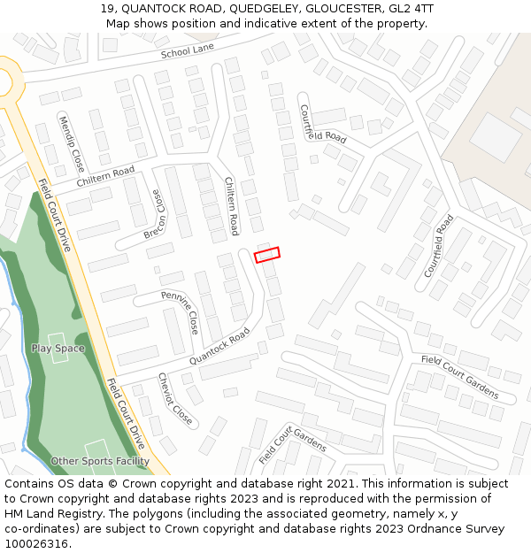 19, QUANTOCK ROAD, QUEDGELEY, GLOUCESTER, GL2 4TT: Location map and indicative extent of plot
