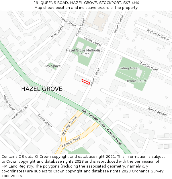 19, QUEENS ROAD, HAZEL GROVE, STOCKPORT, SK7 4HX: Location map and indicative extent of plot