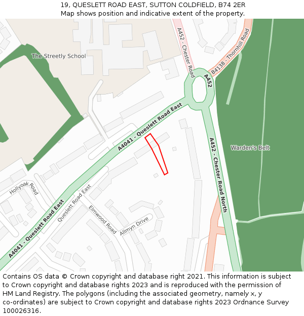 19, QUESLETT ROAD EAST, SUTTON COLDFIELD, B74 2ER: Location map and indicative extent of plot