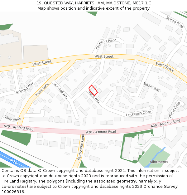 19, QUESTED WAY, HARRIETSHAM, MAIDSTONE, ME17 1JG: Location map and indicative extent of plot