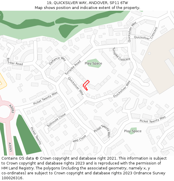 19, QUICKSILVER WAY, ANDOVER, SP11 6TW: Location map and indicative extent of plot