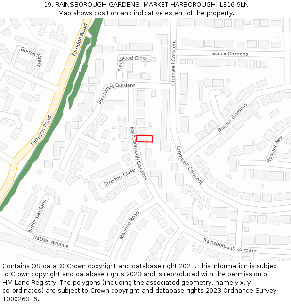 19, RAINSBOROUGH GARDENS, MARKET HARBOROUGH, LE16 9LN: Location map and indicative extent of plot