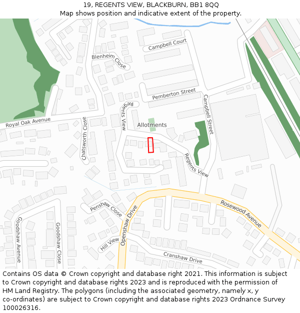 19, REGENTS VIEW, BLACKBURN, BB1 8QQ: Location map and indicative extent of plot