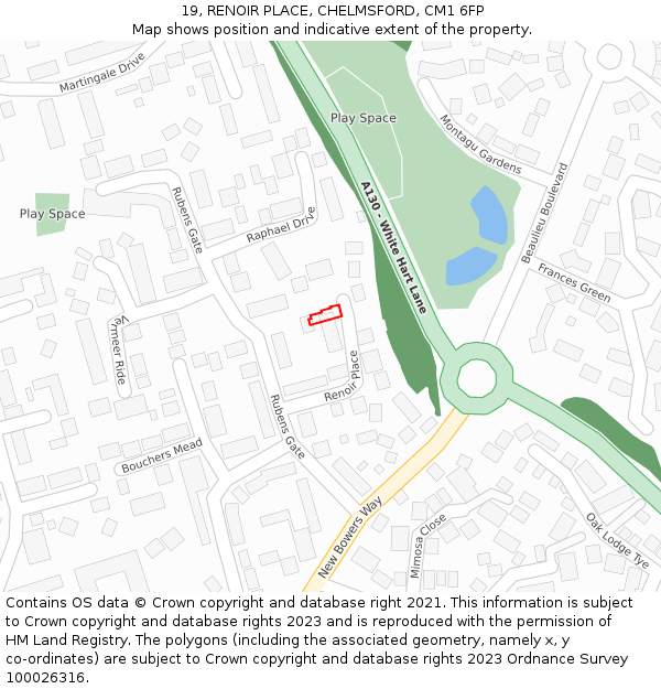 19, RENOIR PLACE, CHELMSFORD, CM1 6FP: Location map and indicative extent of plot