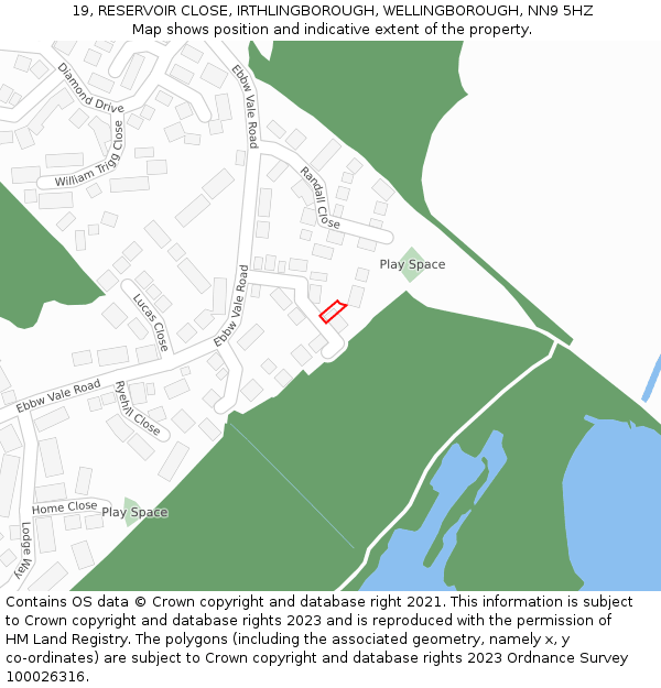 19, RESERVOIR CLOSE, IRTHLINGBOROUGH, WELLINGBOROUGH, NN9 5HZ: Location map and indicative extent of plot