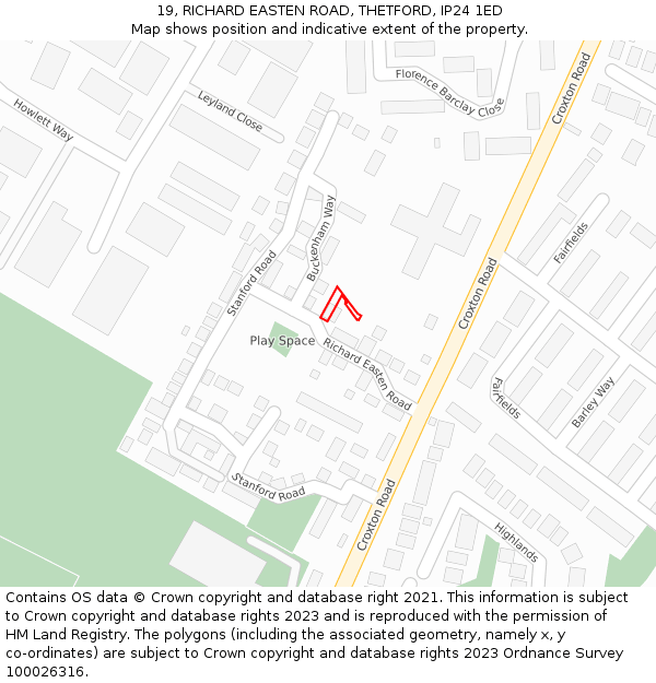 19, RICHARD EASTEN ROAD, THETFORD, IP24 1ED: Location map and indicative extent of plot