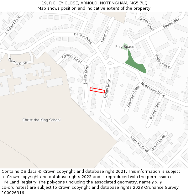 19, RICHEY CLOSE, ARNOLD, NOTTINGHAM, NG5 7LQ: Location map and indicative extent of plot