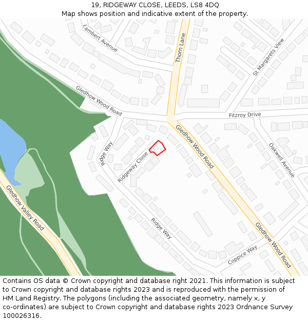 19, RIDGEWAY CLOSE, LEEDS, LS8 4DQ: Location map and indicative extent of plot