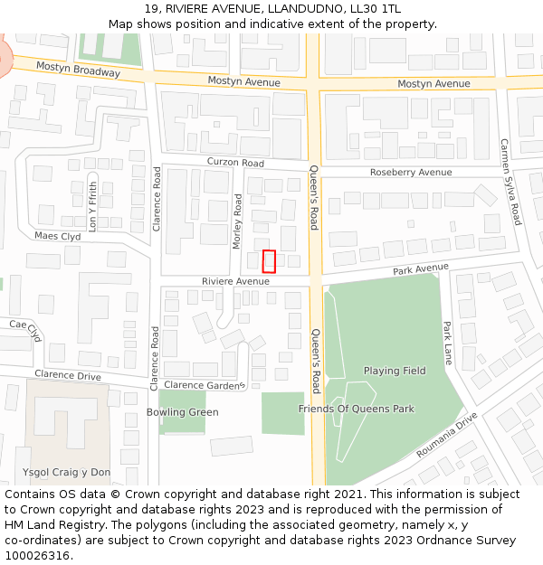 19, RIVIERE AVENUE, LLANDUDNO, LL30 1TL: Location map and indicative extent of plot