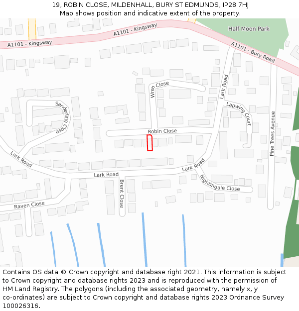 19, ROBIN CLOSE, MILDENHALL, BURY ST EDMUNDS, IP28 7HJ: Location map and indicative extent of plot