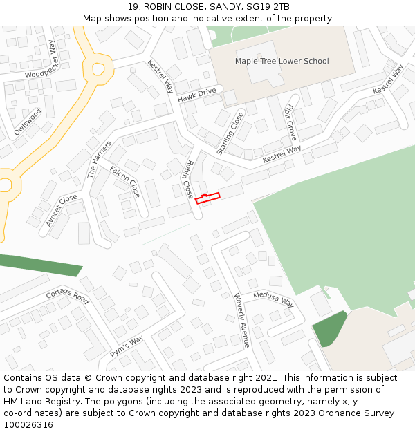 19, ROBIN CLOSE, SANDY, SG19 2TB: Location map and indicative extent of plot