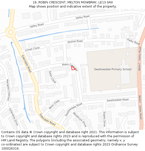 19, ROBIN CRESCENT, MELTON MOWBRAY, LE13 0AX: Location map and indicative extent of plot