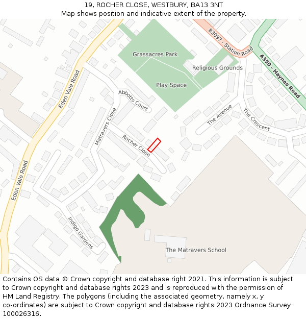 19, ROCHER CLOSE, WESTBURY, BA13 3NT: Location map and indicative extent of plot