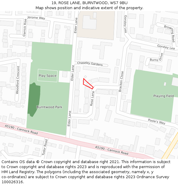 19, ROSE LANE, BURNTWOOD, WS7 9BU: Location map and indicative extent of plot